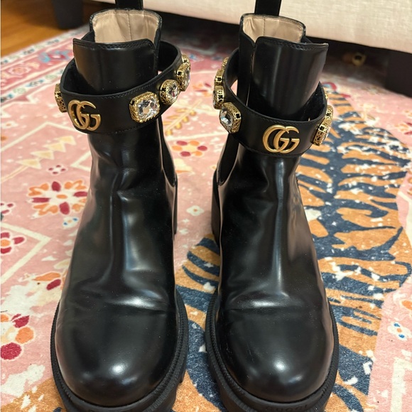 Gucci Shoes - Gucci Black Leather Ankle Boots with Gold Crystal Strap